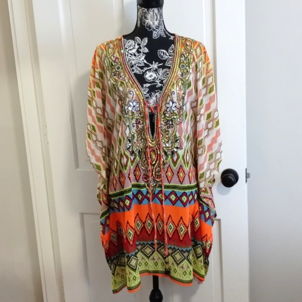 🌴Lucky & Coco🌴 - Tropical Multicolor Beaded/Sequined Caftan Cover-Up Dress